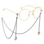Black-colored metal non-slip chain, with pendant hollow heart, for glasses and masks GL366