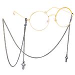 Black-colored metal non-slip chain, with pendant hollow cross, for glasses and masks GL414