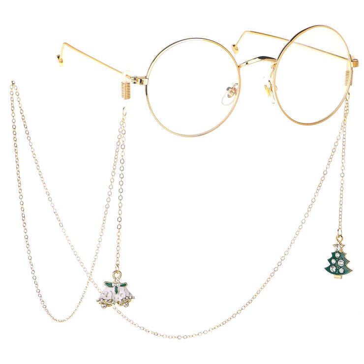 Металлическая нескользящая цепочка, золотого цвета, с подвеской рождественская елка и колокольчик, для очков и масок GL167