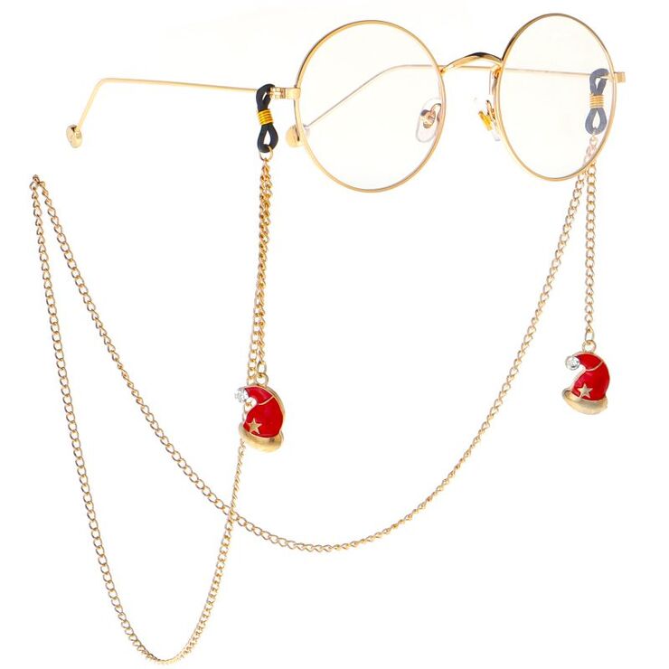 Gold-colored metal non-slip chain, with Christmas hat pendant, for glasses and masks GL009