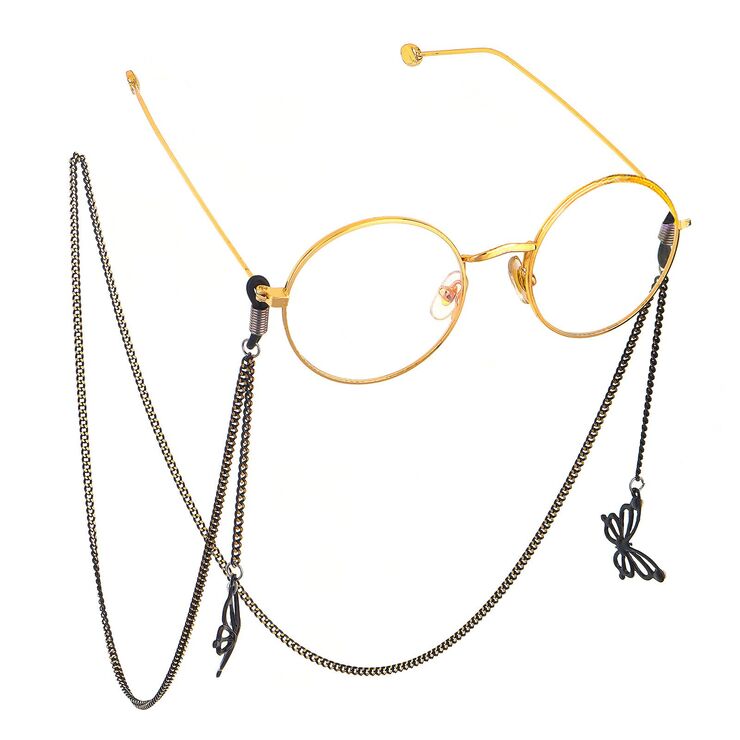 Black-colored metal non-slip chain, with pendant butterfly, for glasses and masks GL594