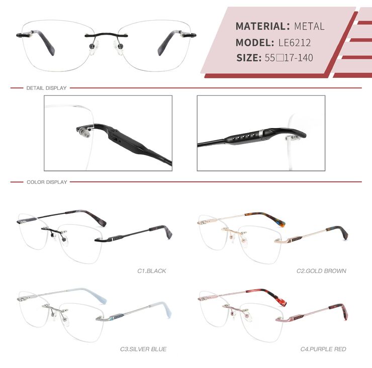 Metal rimless on screws frame for women with spring hinges LE6212-DA