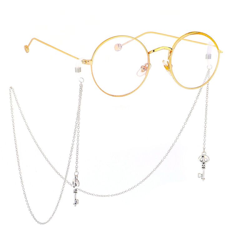 Silver-colored metal non-slip chain, with pendant skull key, for glasses and masks GL484