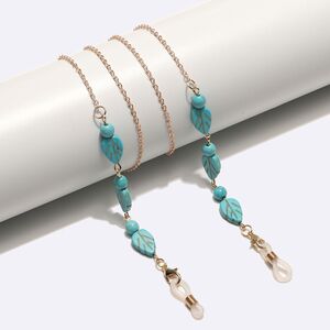 Gold-colored metal non-slip chain, with turquoise leavs and beads, for glasses and masks GL1742
