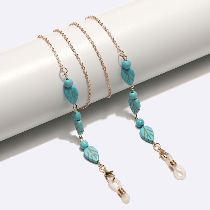 Gold-colored metal non-slip chain, with turquoise leavs and beads, for glasses and masks GL1742
