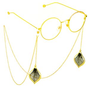 Gold-colored metal non-slip chain, with pendant wire leaf, for glasses and masks GL637