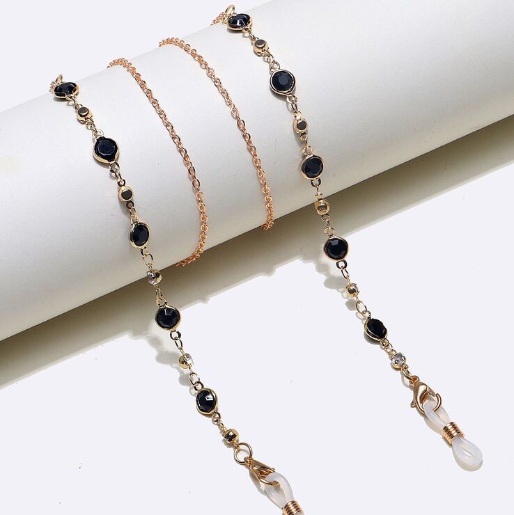 Gold-colored metal non-slip chain, with black crystal and pearl, for glasses and masks GL1392