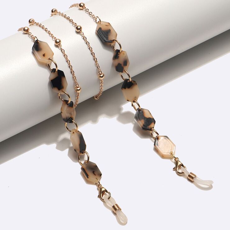 Gold-colored metal non-slip chain, with leopard plate and beads, for glasses and masks GL1732