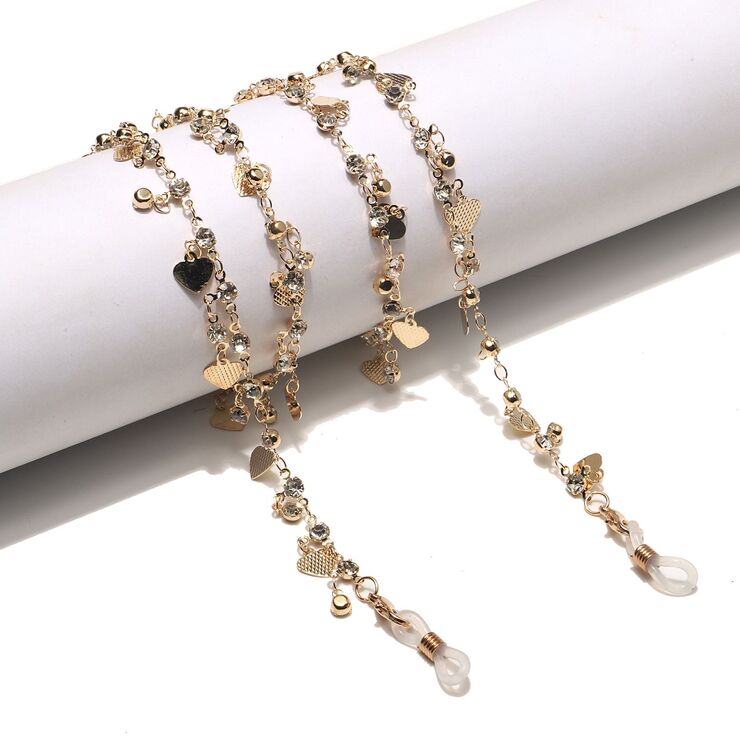 Metal non-slip chain, with heart and rhinestone, for glasses and masks GL1463