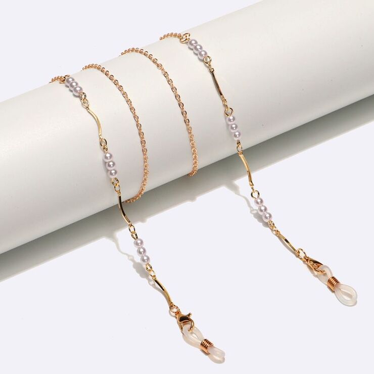 Gold-colored metal non-slip chain, with round gold and pearl, for glasses and masks GL1571
