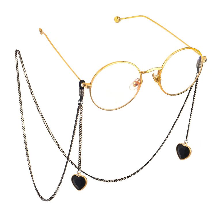 Black-colored metal non-slip chain, with pendant crystal heart, for glasses and masks GL602