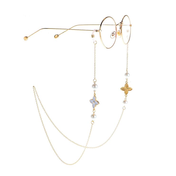 Gold-colored metal non-slip chain, with white pearl flower, for glasses and masks GL929