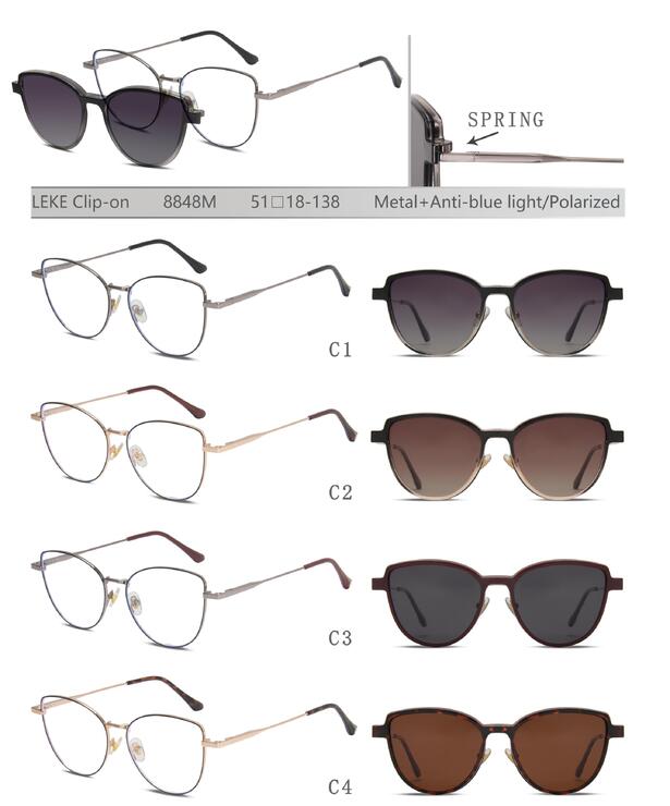 Оправа для очков металлическая с защитой от синего света, с флексом + поляризационная солнцезащитная насадка (клипон) Leke LK8848M