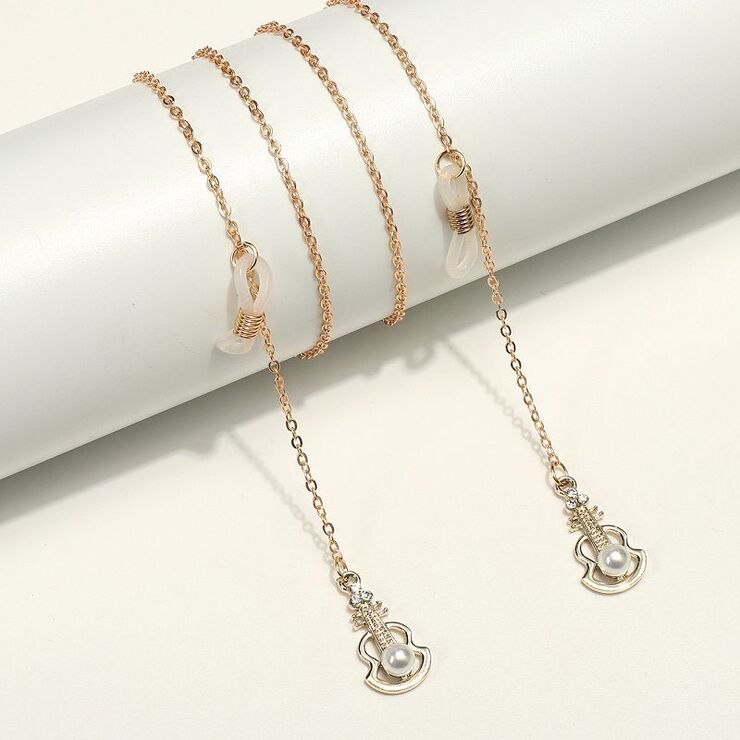 Gold-colored metal non-slip chain, with guitar and pearls, for glasses and masks GL1843
