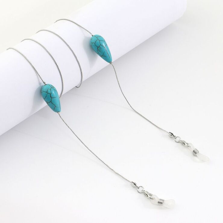 Silver-colored metal non-slip chain, with turquoise bead, for glasses and masks GL1007