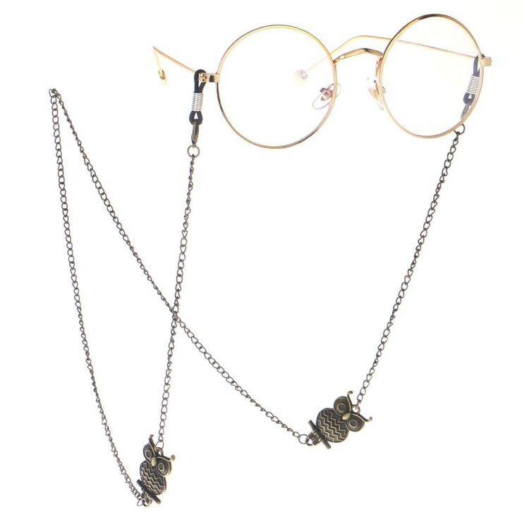 Bronze-colored metal non-slip chain, with owl, for glasses and masks GL114