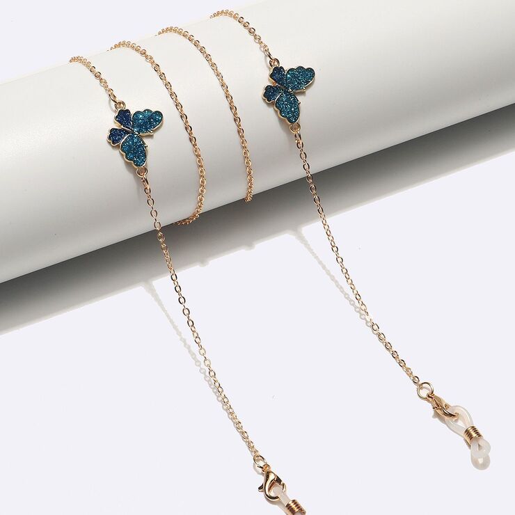 Gold-colored metal non-slip chain, with blue butterfly, for glasses and masks GL1498