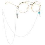 Silver-colored metal non-slip chain, with leaves and turquoise beads, for glasses and masks GL154