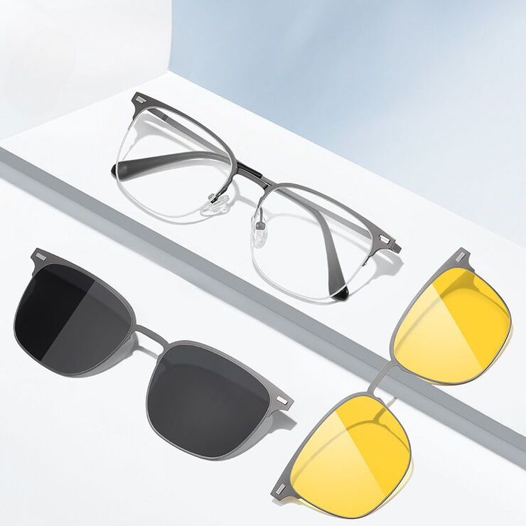 Оправа металлическая с защитой от синего света + 2 магнитные солнцезащитные насадки (клипон) 7655-GT