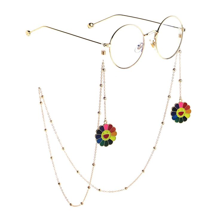 Gold-colored metal non-slip chain, with pendant sunflower and beads, for glasses and masks GL812