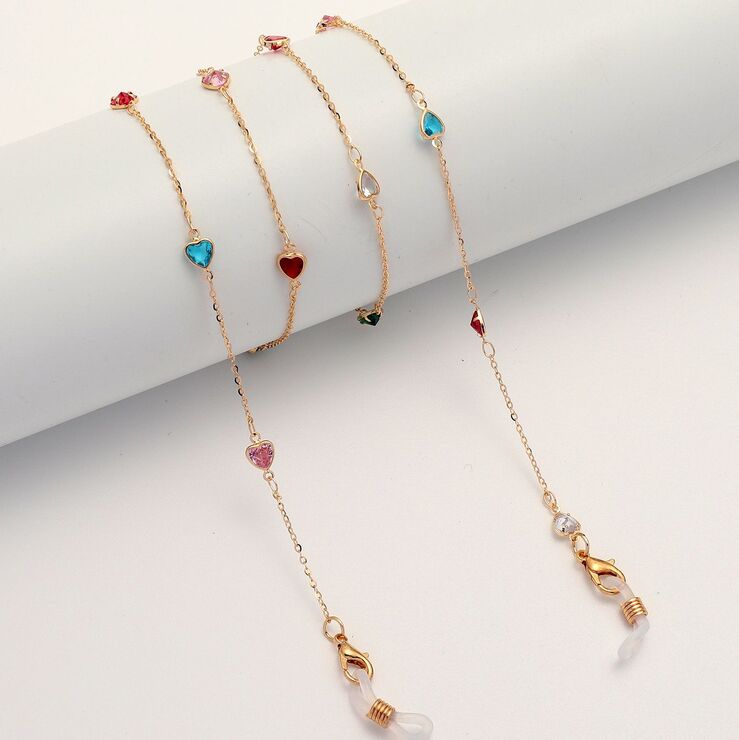 Металлическая нескользящая цепочка золотого цвета, с разноцветным сердцем, для очков и масок GL1848