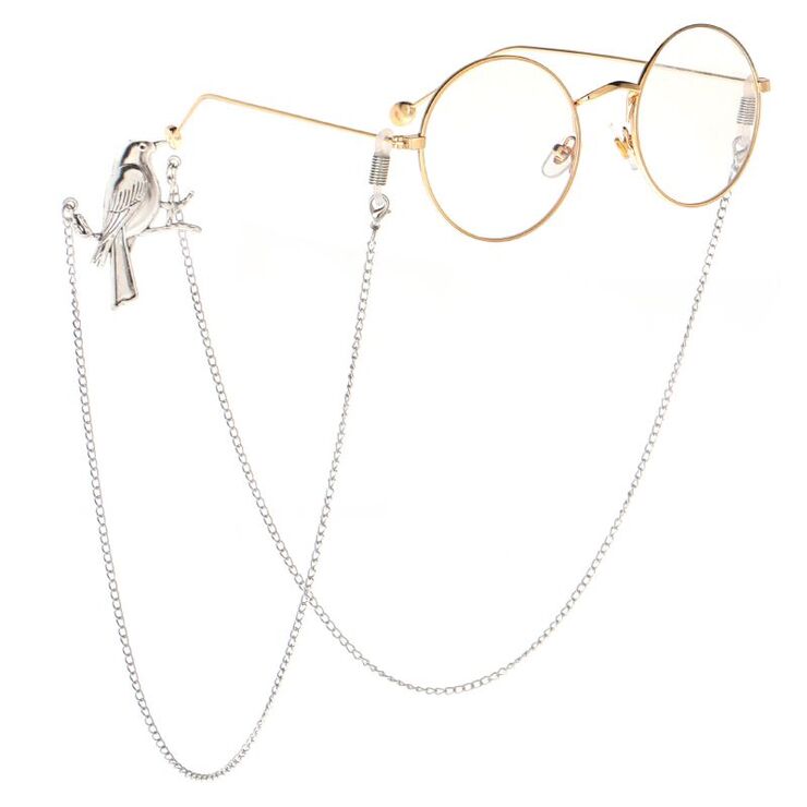 Silver-colored metal non-slip chain, with a bird on a branch, for glasses and masks GL066