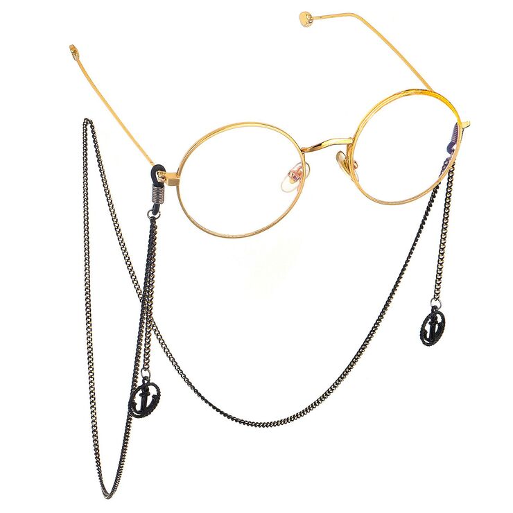 Black-colored metal non-slip chain, with pendant hollow anchor, for glasses and masks GL604
