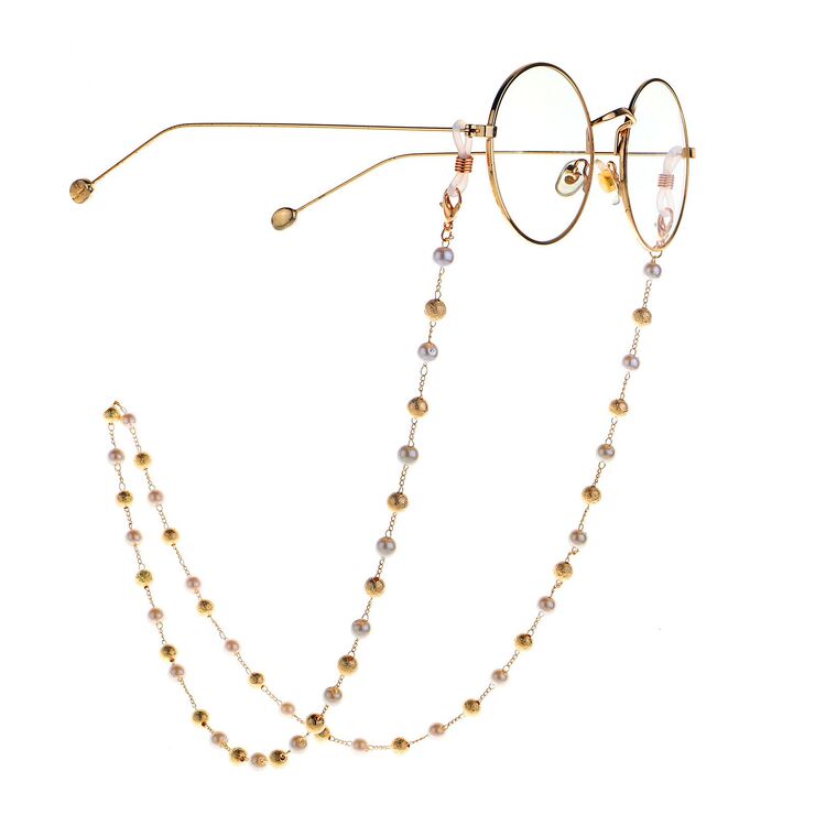 Gold-colored metal non-slip chain, with gold and frosted pearl balls, for glasses and masks GL989