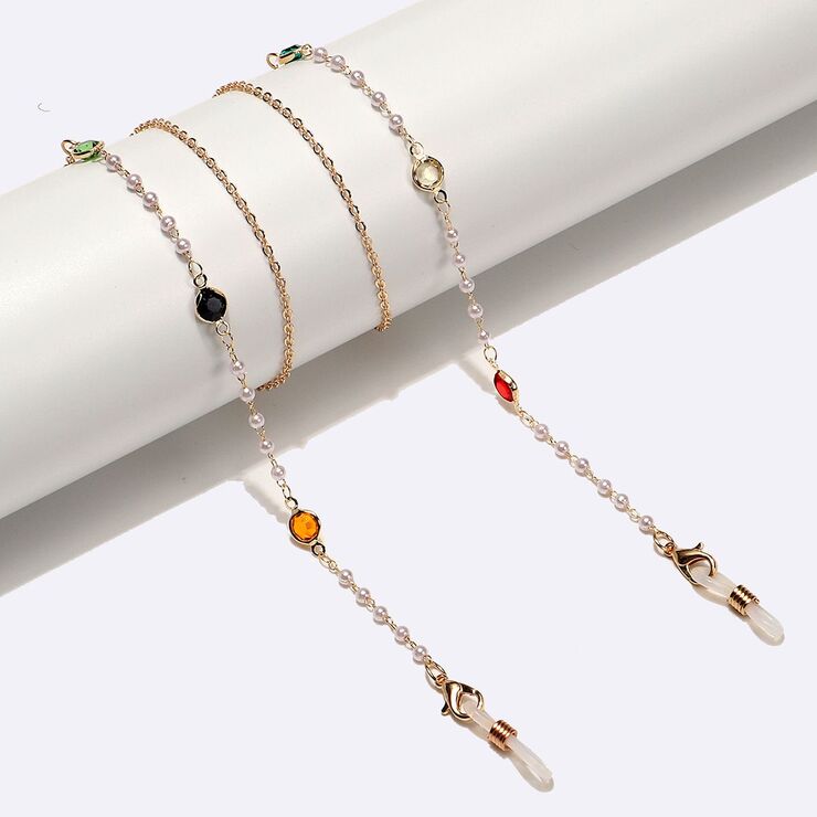 Gold-colored metal non-slip chain, with colored crystal and pearl, for glasses and masks GL1548