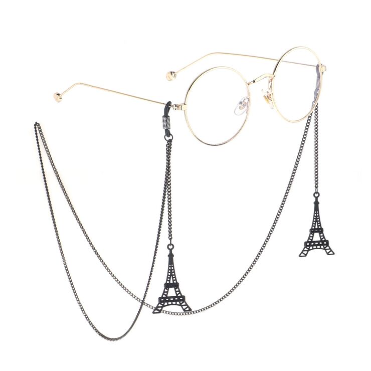 Black-colored metal non-slip chain, with pendant towr eiffel, for glasses and masks GL859