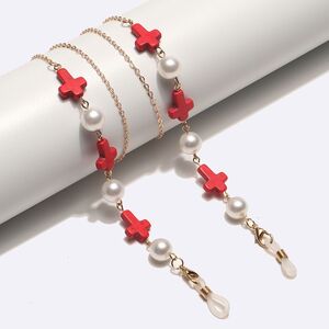Gold-colored metal non-slip chain, with natural red stone and pearl, for glasses and masks GL1730
