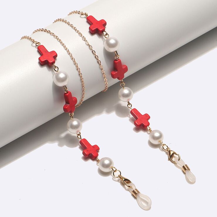Gold-colored metal non-slip chain, with natural red stone and pearl, for glasses and masks GL1730