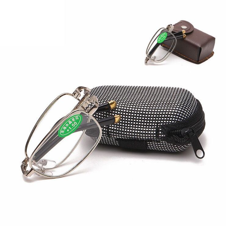 Folding metal reading glasses JY折叠铜头水晶 with case, diopters from +1.00 to +4.00, RMC=62-64