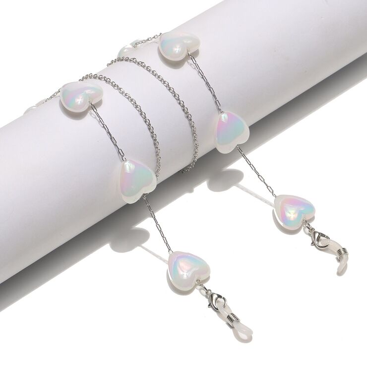 Metal non-slip chain silver, with pearl heart, for glasses and masks GS062