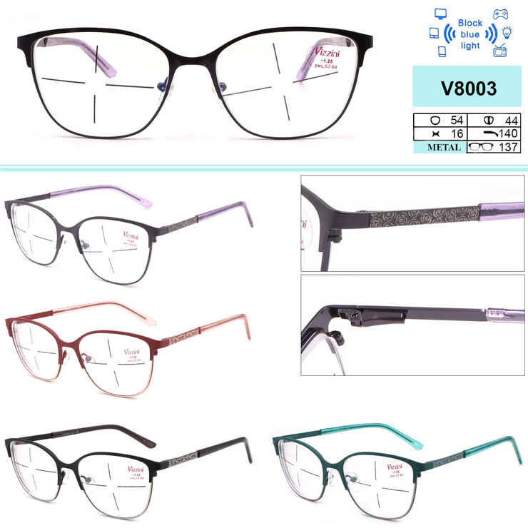 Ready-made metal frame glasses Vizzini V8003, lens block blue light, diopters from -4.00 to +4.00 (stap 0.25 +and-)