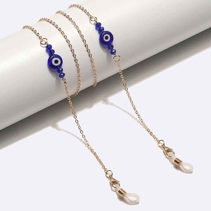 Gold-colored metal non-slip chain, with gold crystals and blue eyes, for glasses and masks GL1733