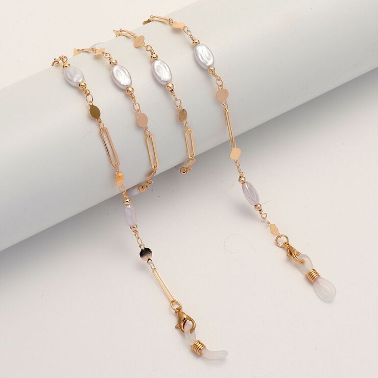 Gold-colored metal non-slip chain, with deformed pearls oval, for glasses and masks GL1865
