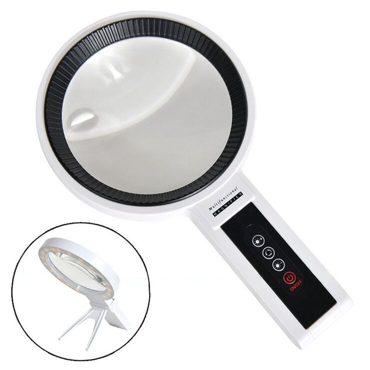Folding magnifier with universal backlight, magnifying glass with handle 7069-XX-1, diameter 135 mm, magnification: 2,5X, 4,5X