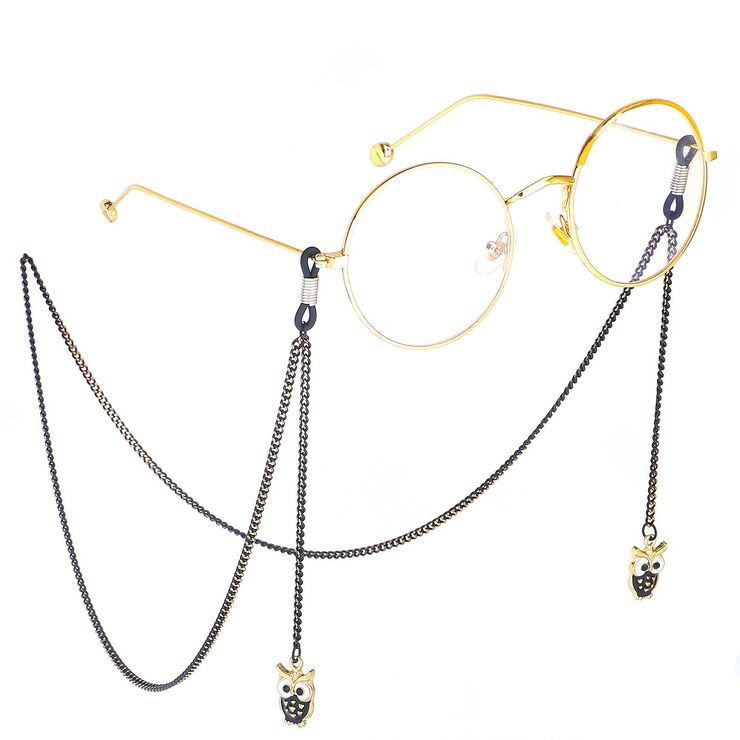 Black-colored metal non-slip chain, with owl, for glasses and masks GL290