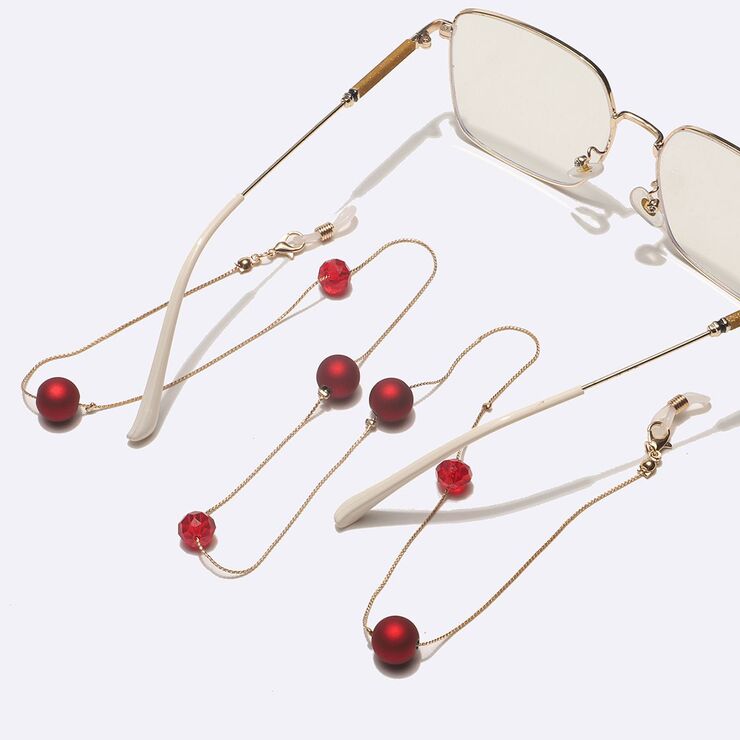 Metal non-slip chain, with red frosted beads and crystal, for glasses and masks GL1729