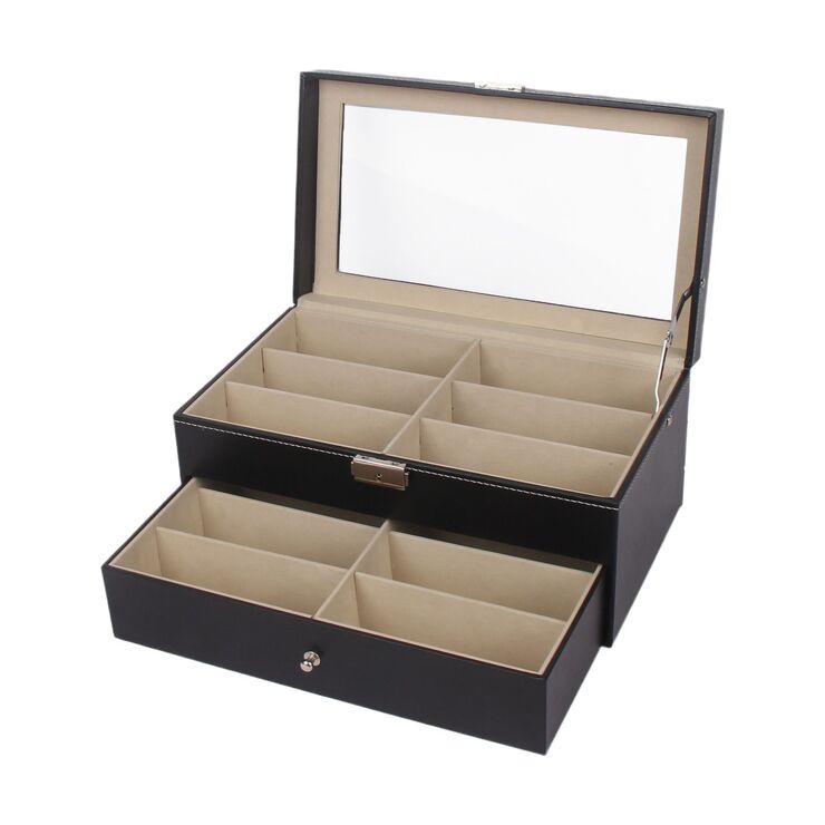 Glasses and frames holder display with 12 slots, drawer and cover, black coating