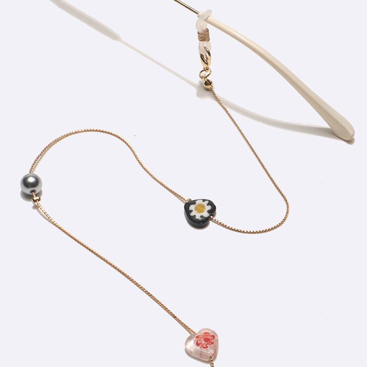 Gold-colored metal non-slip chain, with colors heart and beads, for glasses and masks GL1734