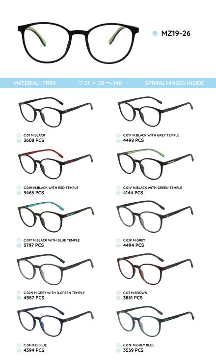 TR-90 plastic frames for glasses, with spring hinges MZ19-26